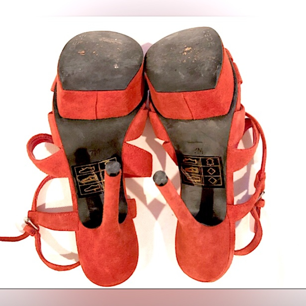 (EUC) BeBe Vibrant Burnt Orange Suede Ankle Strap Stiletto Platform Heels 👠 - Picture 4 of 4